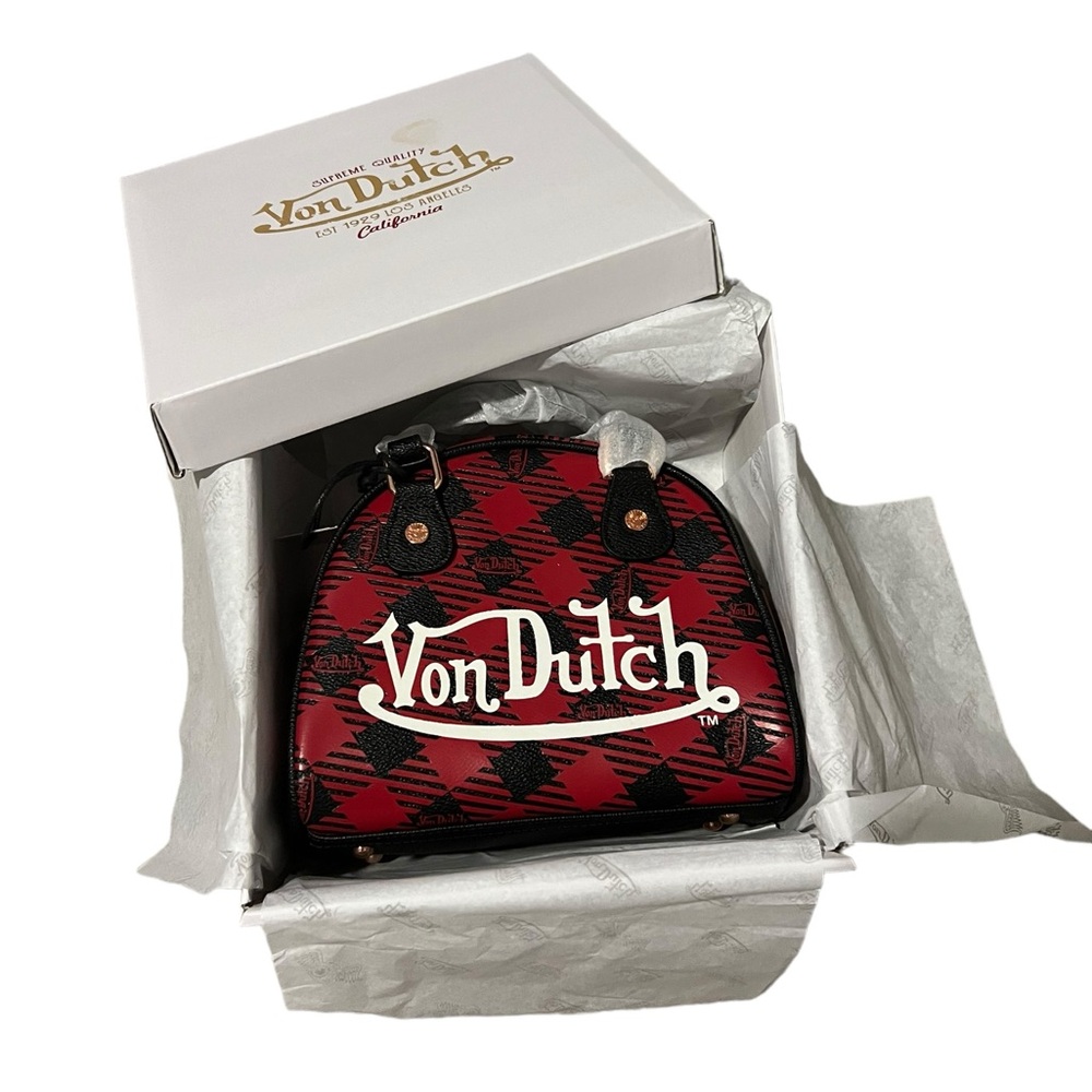 NWT Von Dutch Women's Red & Black Plaid Small Bowling Crossbody Hand Bag